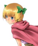  bad_id bad_pixiv_id belt bianca's_daughter blonde_hair blue_eyes blush bob_cut bow cape dragon_quest dragon_quest_v from_behind green_bow hair_bow i-la looking_at_viewer looking_back pink_cape short_hair simple_background solo white_background 
