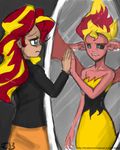  allosaurus_(artist) clothed clothing crying demon dual_persona equestria_girls fangs female green_eyes hair human humanized john_joseco mammal mirror my_little_pony reflection solo sunset_shimmer_(eg) two_tone_hair wings 