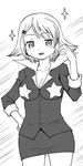  breasts cleavage collarbone cowboy_shot formal greyscale jacket kaname_junko large_breasts mahou_shoujo_madoka_magica monochrome pencil_skirt short_hair simple_background skirt skirt_suit sleeve_cuffs sleeves_past_elbows solo sparkle standing star suit white_background yuuki_akira 