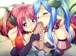  1boy 2girls blue_hair blush caressing_testicles censored churack_noelia churack_ririela erect! eyes_closed fellatio game_cg handjob horns looking_at_viewer multiple_girls oral penis pink_hair piromizu pointy_ears purple_eyes ririela_churack tail teamwork 