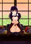 black_eyes black_hair boots breasts breasts_outside covering covering_crotch desk highres kiasa knee_boots knees_together_feet_apart kuonji_alice long_sleeves looking_at_viewer mahou_tsukai_no_yoru medium_breasts nipples on_desk puffy_long_sleeves puffy_sleeves short_hair sitting sitting_on_desk solo 