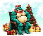  anthro aokmaidu beard biceps bulge christmas chubby claws clothed clothing digitigrade facial_hair gift grin hair holidays horn looking_at_viewer male mohawk musclegut muscles navel overweight scalie scar simple_background sitting solo speedo swimsuit tail_spikes thick_tail tinsel toe_claws topless underwear 