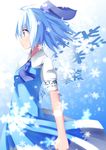  ahoge arched_back ascot blue_eyes blue_hair bow cirno clenched_hands dress gradient gradient_background hair_bow light_smile ochakan profile short_hair short_sleeves snowflakes solo touhou 