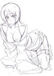  1girl all_fours breasts female garter_straps konakona long_sleeves looking_at_viewer monochrome naruto nipples open_clothes shizune_(naruto) short_hair sketch sleeves smile solo 