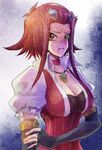  breasts brown_eyes choker cleavage elbow_gloves gloves izayoi_aki jewelry large_breasts long_hair necklace raijin-bh red_hair short_hair_with_long_locks solo yuu-gi-ou yuu-gi-ou_5d's 