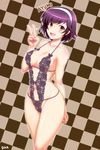  artist_name breasts brown_eyes character_name checkered checkered_background dha hairband highres kami_nomi_zo_shiru_sekai lingerie medium_breasts navel open_mouth purple_hair short_hair smile solo takahara_ayumi underwear underwear_only v 