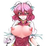  bandages blush breasts chain cuffs double_bun flower ibaraki_kasen large_breasts looking_down nipples pink_eyes pink_hair rihito_(usazukin) rose shackles short_hair simple_background solo sweatdrop tabard torn_clothes touhou upper_body white_background 