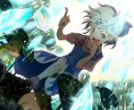  blue_eyes blue_hair blurry blush_stickers bow chin_rest cirno depth_of_field dress dutch_angle frog frozen hair_bow ice icicle leaf open_mouth pointing pointing_up shards short_hair solo tokoroten_(hmmuk) touhou 