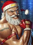  2013 beard blue_eyes christmas clenched_hand facial_hair fingerless_gloves flexing gloves grin hat male_focus manly matataku merry_christmas muscle mustache old_man pose red_gloves santa_claus santa_hat signature smile solo tattoo veins 