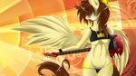  abstract_background breasts brown_hair clothed clothing cutie_mark equine feathers female fur guitar hair hi_res horse knifeh long_hair mammal my_little_pony panties pegasus pony skimpy smile solo teeth under_boob underwear wallpaper wings yellow_feathers yellow_fur 