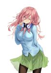  1girl augu_(523764197) bangs black_legwear blue_cardigan blue_eyes breasts cardigan go-toubun_no_hanayome green_skirt hair_between_eyes hand_on_headphones head_tilt headphones headphones_around_neck highres large_breasts legs long_hair long_sleeves nakano_miku one_eye_closed open_mouth pantyhose pink_hair shirt simple_background skirt solo standing thighs white_background white_shirt 