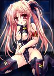  1girl blonde_hair blush breasts breasts_outside cameltoe fate_testarossa female long_hair looking_at_viewer lyrical_nanoha mahou_shoujo_lyrical_nanoha nipples open_mouth red_eyes shaian solo thighhighs torn_clothes twintails 