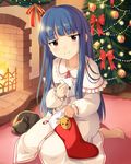  animal blue_hair boots bow cat christmas christmas_ornaments christmas_stocking christmas_tree envelope fireplace frills idolmaster idolmaster_cinderella_girls indoors jpeg_artifacts letter light_smile long_hair looking_at_viewer official_art on_floor red_eyes room sajou_yukimi santa_boots sitting solo 