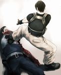  belt black_gloves bodysuit brown_hair buckle commentary_request from_behind gloves gun guro imawabi_no_dakini multiple_boys onibi_(foxhound4185) pants pocket shirt short_sleeves sig_552 sig_sauer spread_legs t-shirt undead weapon zombie 