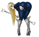  :&lt; absurdres ass bent_over birren blonde_hair blue_eyes bodysuit eyelashes from_behind full_body greaves hairband high_heels highres league_of_legends long_hair looking_back luxanna_crownguard pigeon-toed solo wand white_background 