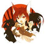  animal_ears bracelet brooch brown_hair dress fang ichizen_(o_tori) imaizumi_kagerou jewelry long_hair looking_at_viewer open_mouth red_eyes solo touhou upper_body wolf_ears 