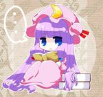  1girl :&lt; blue_eyes book book_stack chibi crescent hat hina-uta holding holding_book lavender_hair long_hair looking_at_viewer mob_cap patchouli_knowledge sidelocks sitting solo touhou very_long_hair 