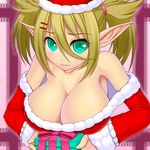  alternate_costume asamura_hiori bare_shoulders blonde_hair breasts cleavage collarbone gift green_eyes hair_ornament hairclip hat highres holding holding_gift large_breasts leaning_forward looking_at_viewer patty_(pso2) phantasy_star phantasy_star_online_2 pointy_ears santa_costume santa_hat solo twintails 