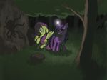  arachnid arthropod cannibalus cutie_mark dark duo equine female fluttershy_(mlp) forest friendship_is_magic glowing grass hair horse light mammal my_little_pony pegasus pony purple_eyes purple_hair rock shadow spider tree twilight_sparkle_(mlp) wings 