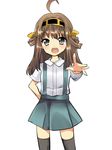  :d ahoge alternate_costume asashio_(kantai_collection) asashio_(kantai_collection)_(cosplay) brown_hair cosplay double_bun hairband highres kantai_collection kongou_(kantai_collection) long_hair looking_at_viewer ochazuke open_mouth outstretched_arm outstretched_hand pleated_skirt school_uniform simple_background skirt smile solo suspenders thighhighs v-shaped_eyebrows white_background younger zettai_ryouiki 