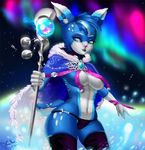  anthro big_breasts blue_eyes blue_hair breasts canine clothed clothing dclzexon female hair magic_user mammal navel panties polearm skimpy solo staff under_boob underwear 