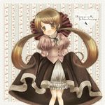  aoyama_homare brown_hair dress knees_together long_hair long_sleeves looking_at_viewer neck_ribbon original puffy_sleeves ribbon skirt skirt_lift smile solo twintails very_long_hair 