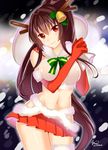  antlers bad_id bad_pixiv_id bare_shoulders blush breasts brown_hair cherry_blossoms christmas elbow_gloves flower gloves hair_flower hair_ornament kantai_collection large_breasts long_hair looking_at_viewer midriff miniskirt navel ponytail red_eyes red_gloves sack saikawa_yusa skirt smile snow solo thighhighs very_long_hair yamato_(kantai_collection) 