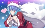  belt blue_hair blush check_commentary commentary commentary_request h-new hat heart highres leaf leaf_on_head maple_leaf one_eye_closed pointing pointing_up red_eyes sack santa_costume santa_hat slit_pupils smile solo too_bad!_it_was_just_me! touhou yasaka_kanako 