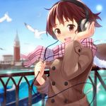  :d bad_id bad_pixiv_id bird blush brown_eyes brown_hair day happy headphones highres ichiko_oharu jacket open_mouth original plaid plaid_scarf railing scarf seagull short_hair sky smile solo 