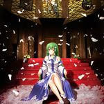  crossed_legs detached_sleeves dress feathers frog_hair_ornament green_hair hair_ornament highres kanden_suki kochiya_sanae long_hair looking_at_viewer red_eyes sitting snake_hair_ornament solo stairs touhou 