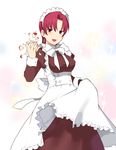  :d alternate_costume apple apron apron_lift bazett_fraga_mcremitz breasts crushing earrings enmaided fate/hollow_ataraxia fate/stay_night fate_(series) food fruit jewelry maid maid_headdress medium_breasts mole mole_under_eye open_mouth red_eyes short_hair smile solo sparkle takenashi_eri 