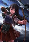  a6m_zero aiming akagi_(kantai_collection) archery arrow blush bow_(weapon) brown_eyes brown_hair cloud cloudy_sky delta_monster drawing_bow gloves hakama_skirt highres holding holding_arrow holding_bow_(weapon) holding_weapon japanese_clothes kantai_collection kyuudou long_hair muneate ocean open_mouth outstretched_arm partly_fingerless_gloves quiver side_ponytail single_glove skirt sky solo tasuki thighhighs torpedo weapon white_legwear yugake 