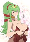  bare_shoulders blue_eyes breasts chiki cleavage fire_emblem fire_emblem:_kakusei green_hair huge_breasts kara_age long_hair mamkute no_nose pointy_ears ponytail solo 