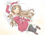  armpits bad_id bad_pixiv_id bare_shoulders blush bow brown_eyes brown_hair detached_sleeves full_body green_bow hat k-on! kotobuki_tsumugi long_hair looking_at_viewer one_eye_closed open_mouth sack santa_costume santa_hat simple_background white_background y_(sy20) 