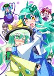  &gt;_&lt; antennae aqua_hair blush bow brown_hair closed_eyes green_eyes green_hair grey_hair hair_bow hat hat_bow himekaidou_hatate kawashiro_nitori kochiya_sanae komeiji_koishi long_hair multiple_girls nazrin o_o sparkling_eyes tokin_hat tokiniwa touhou two_side_up very_long_hair wriggle_nightbug wrist_cuffs yellow_eyes 