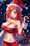  1girl bad_id blush breasts christmas christmas_outfit cleavage collarbone costume female gift happy hat hips huge_breasts large_breasts long_hair midriff milotic mound_of_venus navel nintendo open_mouth personification pokemon pokemon_(game) red_eyes red_hair santa_costume santa_hat short smile snow snowing solo strapless tongue tubetop tundeledy 