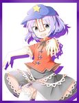  bad_id bad_pixiv_id blouse blue_hair border drop_shadow ellipsis_(mitei) fang fingernails grey_eyes hat highres looking_at_viewer miyako_yoshika ofuda open_mouth outstretched_arms ribbon shadow short_hair simple_background skirt solo star touhou white_background zombie_pose 