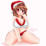  2013 banned_artist bikini breasts brown_hair christmas cleavage dated eno_konoe hat large_breasts looking_at_viewer mikomu navel original red_eyes santa_hat short_hair simple_background smile solo swimsuit thick_thighs thighs white_background 
