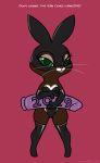 2018 anthro autumndeer brown_fur clothing dildo english_text female fur gloves green_eyes lagomorph legwear lingerie mammal pink_background rabbit rubber sex_toy simple_background smile solo standing text 