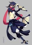  abs blue_hair covering_mouth fan folding_fan gen_6_pokemon gloves greninja hair_ornament highres japanese_clothes male_focus merlusa midriff ninja obi personification pokemon red_eyes sash scarf simple_background solo 