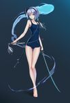  bare_shoulders barefoot black_hairband blue_eyes blue_swimsuit bob_cut collarbone crossed_legs dual_wielding flower full_body gradient gradient_background green_background hairband highres hitodama holding katana konpaku_youmu konpaku_youmu_(ghost) legs long_legs long_sleeves looking_at_viewer nian one-piece_swimsuit scabbard school_swimsuit sheath short_hair silver_hair slender solo swimsuit sword tassel thigh_gap thighs toes touhou tsurime unsheathing walking weapon 