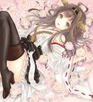  bare_shoulders black_legwear blush brown_eyes brown_hair detached_sleeves double_bun flower frilled_skirt frills hair_ornament hairband headgear japanese_clothes kantai_collection kongou_(kantai_collection) kotobuki-a long_hair lying nontraditional_miko open_mouth pink_flower pink_rose ribbon-trimmed_sleeves ribbon_trim rose skirt smile solo thighhighs 