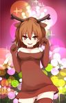  animal_costume animal_ears antlers bare_shoulders breasts brown_eyes brown_hair collar dress elbow_gloves gloves highres i.u.y large_breasts misaka_worst reindeer_antlers reindeer_costume reindeer_ears smile solo strapless strapless_dress thighhighs to_aru_majutsu_no_index tsurime tube_dress zettai_ryouiki 