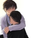  1girl black_hair brown_hair closed_eyes coffee couple forehead_kiss galileo_(dorama) hetero hug kiss labcoat long_hair mabca short_hair utsumi_kaoru yukawa_manabu 