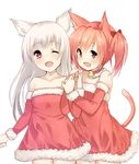  animal_ears bad_id bad_pixiv_id bare_shoulders bell bow brown_eyes cat_ears cat_tail choker dress fang hair_bow holding_hands jingle_bell long_hair multiple_girls nekomimi_jiushi_seigi one_eye_closed original red_hair santa_costume tail twintails white_hair 