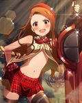  :d alisa_ilinichina_amiella alisa_ilinichina_amiella_(cosplay) artist_request beret boots brown_hair company_connection cosplay god_eater god_eater_2:_rage_burst hat idolmaster idolmaster_(classic) idolmaster_million_live! long_hair minase_iori namco navel no_legwear official_art open_mouth plaid plaid_skirt skirt smile solo thigh_boots thighhighs v-shaped_eyebrows weapon 