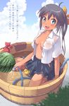  aki_(akisora_hiyori) basin black_hair blue_eyes bow breasts food fruit hair_bow highres hose long_hair medium_breasts navel open_clothes open_shirt original ponytail rubber_duck school_uniform shirt sitting skirt solo towel wariza watermelon wet wet_clothes 