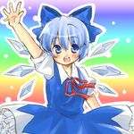  arm_up blue_eyes blue_hair blush bow cirno hair_bow ice ice_wings open_mouth rainbow_background ryou-tan+ solo touhou wings 