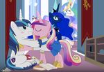  &lt;3 blue_eyes blush book cheerleader clothed clothing crown cutie_mark dm29 equine eyes_closed female feral foreplay friendship_is_magic group hair horn horse kissing male mammal multi-colored_hair my_little_pony pony princess_cadance_(mlp) princess_celestia_(mlp) princess_luna_(mlp) purple_eyes scroll shining_armor_(mlp) tiara two_tone_hair unicorn winged_unicorn wings 