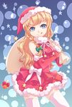  :q alternate_costume bare_shoulders blonde_hair blue_hair braid hat hiyosuke_(ak_love) kirisame_marisa long_hair ribbon sack santa_costume santa_hat single_braid skirt skirt_set solo thighhighs tongue tongue_out touhou white_legwear zettai_ryouiki 